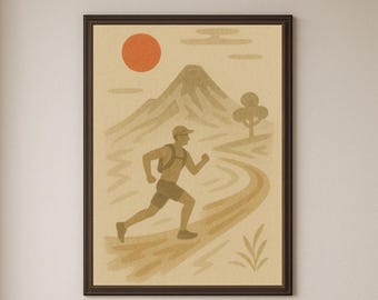 Peut inclure: Impression d'art encadrée représentant un coureur sur un sentier sinueux, avec une montagne, un soleil et un arbre en arrière-plan. La palette de couleurs comprend des nuances de marron, beige et orange, créant une esthétique vintage. L'œuvre est encadrée dans un cadre marron foncé.