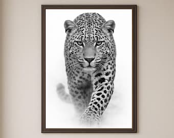 Leopard Wall Art Print, Black and White Wildlife Poster, Big Cat Animal Portrait, Minimalist Safari Decor (Digital Download)