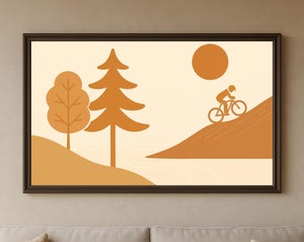 Peut inclure: Une affiche encadrée représentant un paysage minimaliste. L'œuvre d'art montre un cycliste sur une colline, avec des arbres, un soleil et de l'eau. La palette de couleurs est principalement composée de nuances d'orange et de beige.