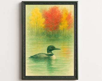 Watercolor Loon Print, Fall Lake Cabin Art (Digital Download)