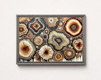 抽象的な木の年輪プリント：素朴な木のスライスアート（デジタルダウンロード、PDFガイド付き）