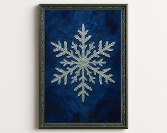 Textured Snowflake Art Print, Blue Winter Painting (Digital Download)