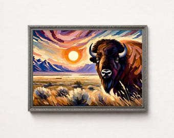 Bison Prairie Sunset Print: Western Wildlife Landscape Art (Digital Download)