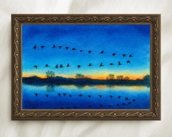 Flying Geese Sunset Lake Art Print, Rustic Farmhouse Decor (Digital Download)