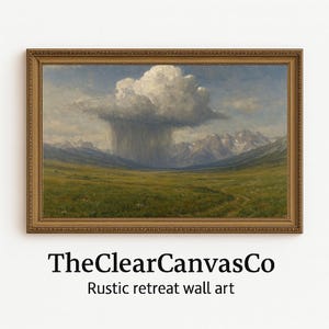 Afternoon thunderstorm wall art – Rain cloud mountain landscape print – Horizontal digital painting for rustic or modern nature decor