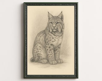 May include: Framed pencil drawing of a bobcat. The artwork is in a black frame and features the text "TheClearCanvasCo" at the top and "Rustic Retreat Wall Art" at the bottom. The bobcat is depicted in a seated position.