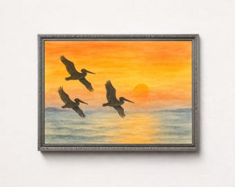 Pelicans Sunset Watercolor Print – Coastal Beach Wall Art (Digital Download)