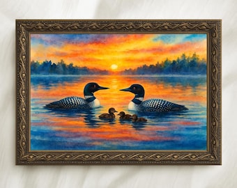 Loon Family Sunset Watercolor Print, Rustic Lake Cabin Art (Digital Download)