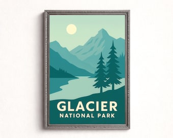 Pôster do Parque Nacional Glacier, Arte Retrô de Paisagem Montanhosa (Download Digital)
