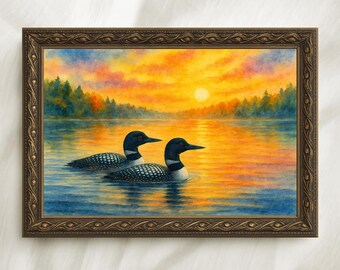 Loon Pair Sunset Watercolor Print, Rustic Lake Art (Digital Download)