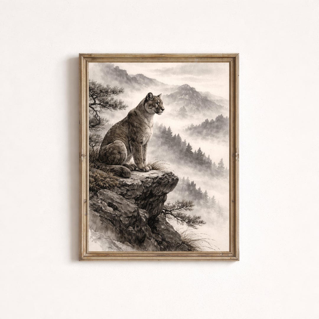 Mountain Lion Wall Art – Sumi-e Ink Wash Cougar Print, Misty Nature ...