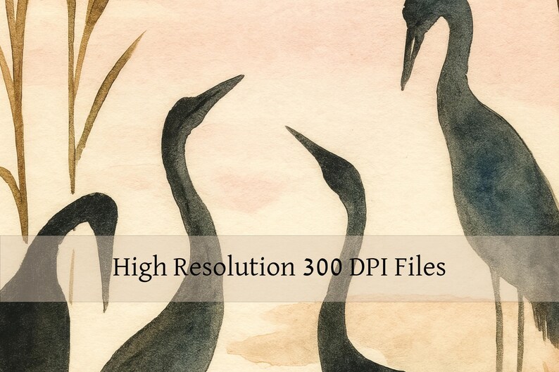 May include: Watercolor painting of several dark blue cranes with long necks and beaks. The birds are set against a soft, neutral background with hints of pink and brown. The text "High Resolution 300 DPI Files" is visible.