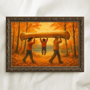 Autumn Family Canoe Print: Rustic Lake Cabin Landscape (Digital Download))