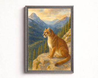 Watercolor Mountain Lion Print, Rustic Wildlife Decor (Digital Download)