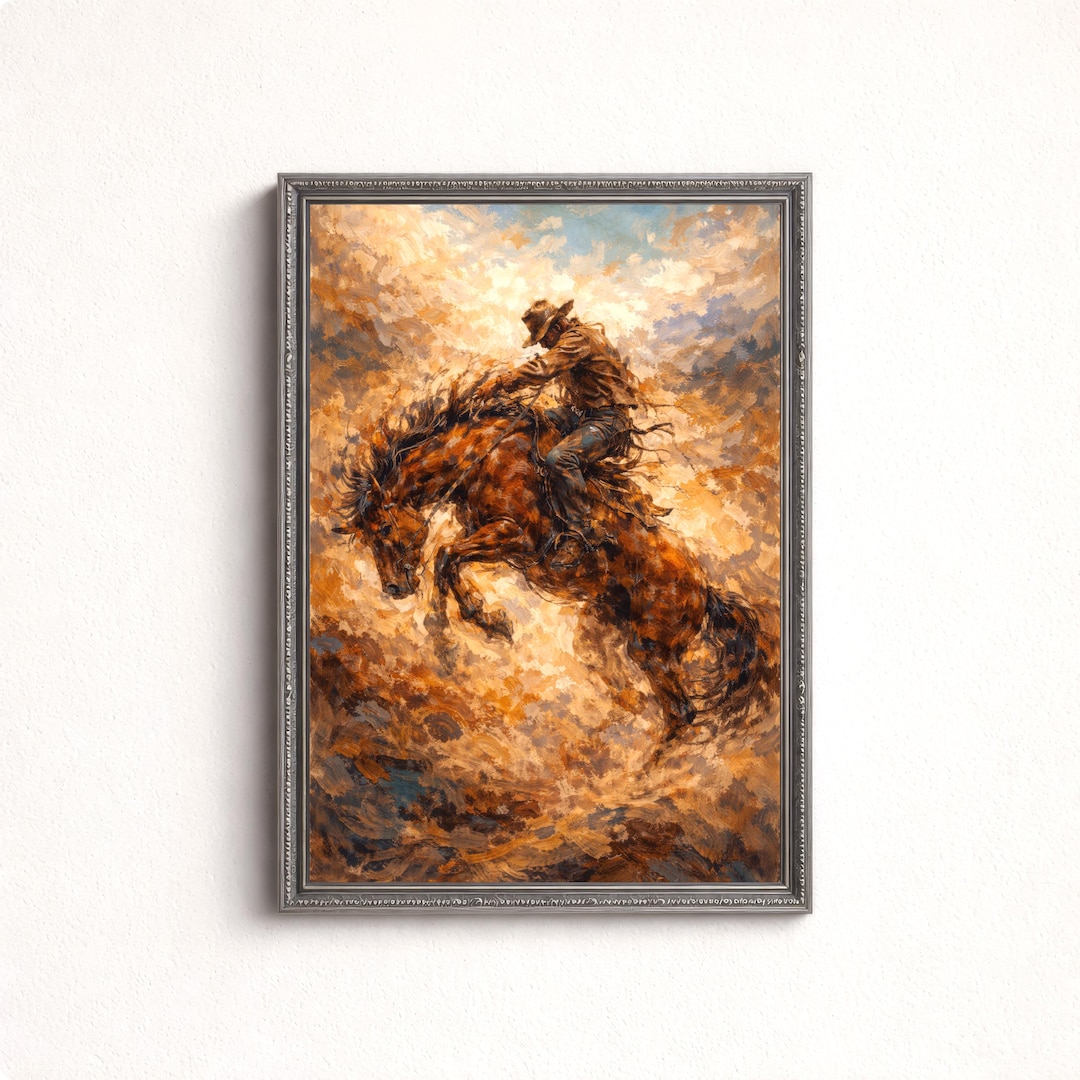 Bronco Busting Cowboy Abstract Wall Art Print, Western Rodeo Painting ...