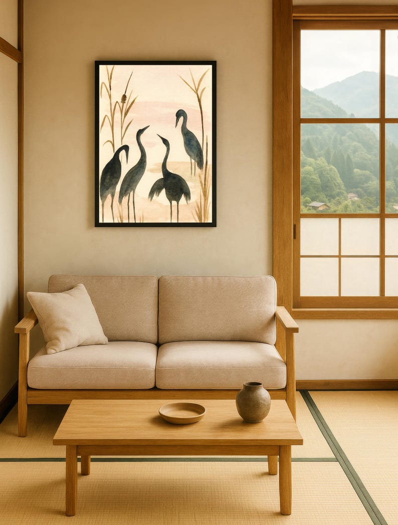 May include: A framed watercolor painting depicts four dark gray cranes in a marsh setting with tall reeds. The artwork hangs above a light beige sofa with a wooden coffee table and a small vase.