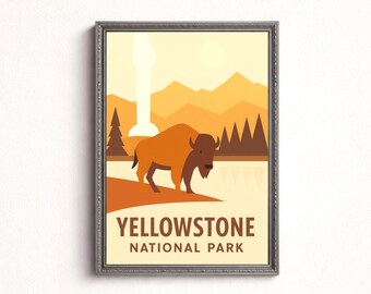 Yellowstone National Park poster afdrukbaar, vintage reizen muurkunst, retro natuur digitale download