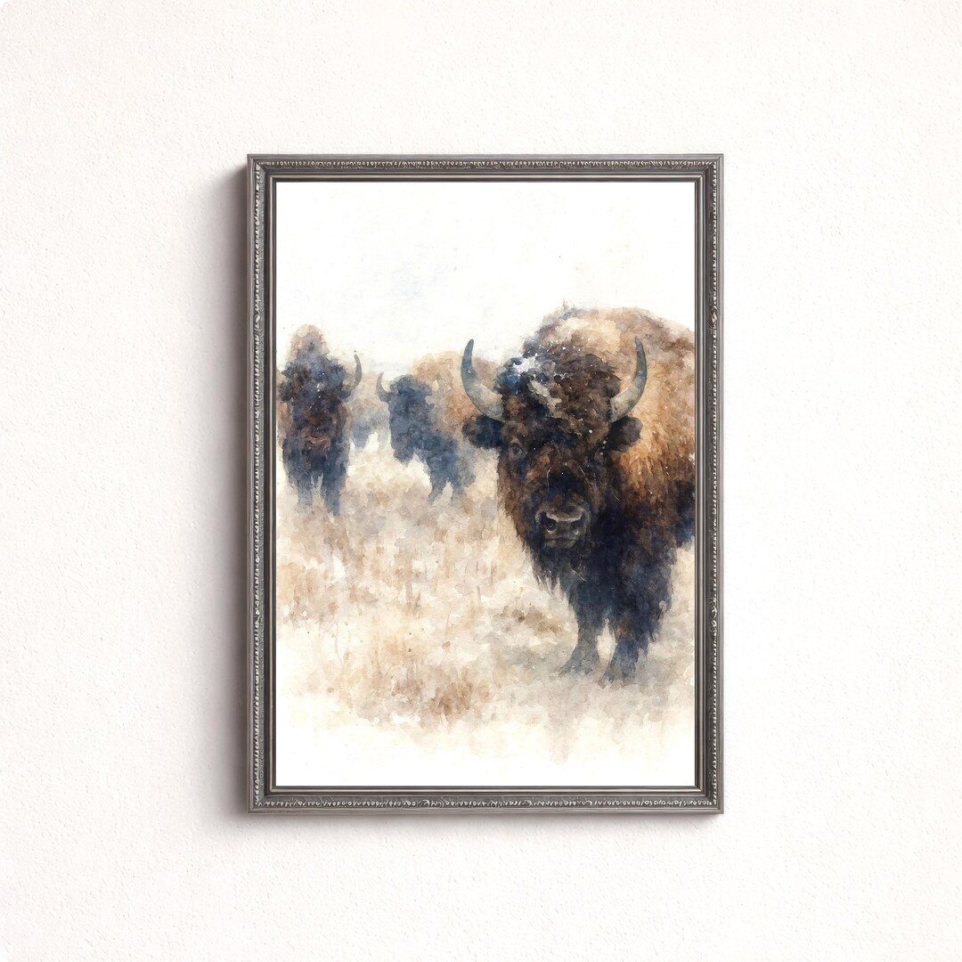 Bison Watercolor Print, Winter Buffalo Wall Art, Rustic Prairie Animal ...