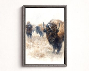 Bison Watercolor Print, Winter Buffalo Wall Art, Rustic Prairie Animal Decor (Digital Download)