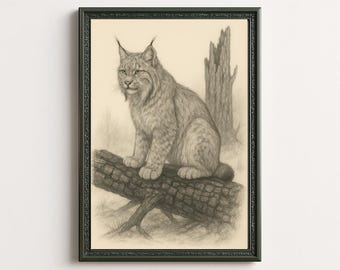 アクリル-色鉛筆画　岩の上のスペインオオヤマネコ　A2 オオヤマネコの鉛筆画 - 水彩スケッチ肖像画、大型猫アート（デジタル