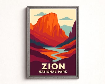 Plakat podróżniczy w stylu retro do Parku Narodowego Zion – minimalistyczna sztuka krajobrazowa (do pobrania w wersji cyfrowej)