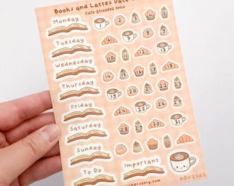 Books & Lattes Date Covers Sticker Sheet | Coffee Themed Monthly Setup Sticker Sheet | Days of the Week Sticker Sheet | Cafe Date Stickers