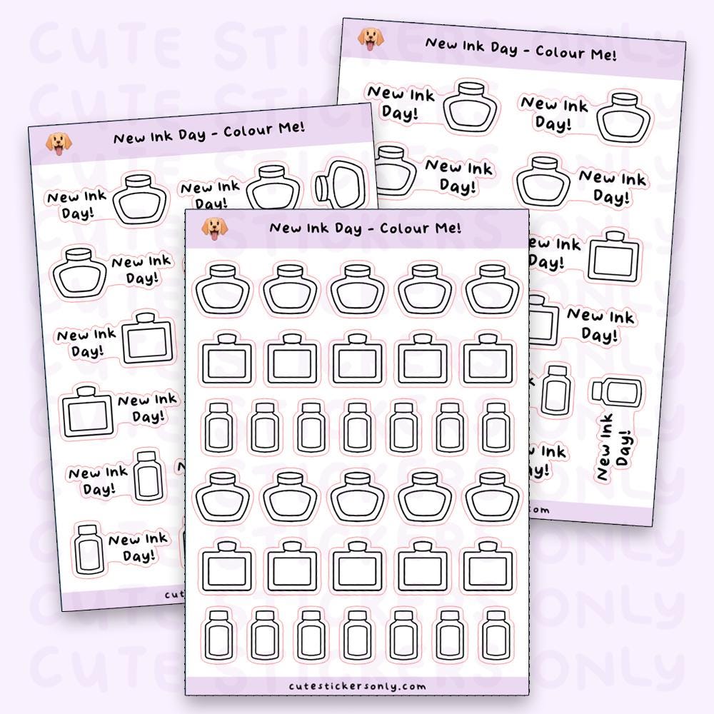 New Ink Day - Colour Your Own Sticker Sheets | New Fountain Pen Ink Stickers | Ink Bottle Stickers | New Ink Day Stickers | New Ink Stickers