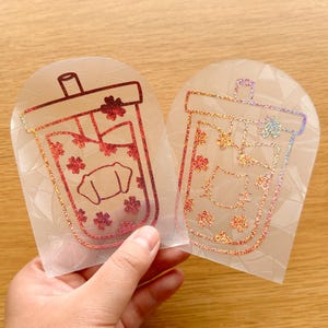 Sakura Boba Suncatcher Sticker | Sakura Bubble Tea Suncatcher | Pink Glitter Suncatcher | Cute Boba Suncatcher | Dog and Cat Suncatcher