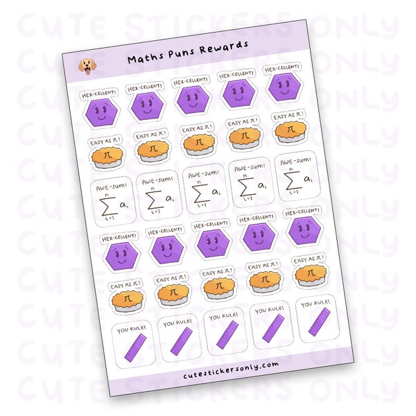 Maths Puns Rewards - Sticker Sheet | Awe-Sum Sticker | Hex-cellent Sticker | Easy as Pi Sticker | You Rule Sticker | Math Geek Stickers