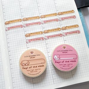 Days of the Week 8 mm washitape met goudfolie | Lange washitape voor honden | Lange washitape voor katten | Hobonichi Cousin Washi-tape
