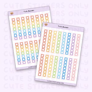 May include: Two sheets of stickers with rainbow-colored tick boxes. Each sheet has columns of colorful squares in red, orange, yellow, green, blue, and purple. The text "Tick Boxes" and a website address are visible.