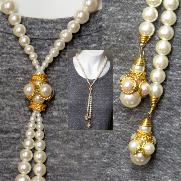 Faux Graduated Pearls Bolo Lariat Y Style Necklace with Gold Tone Centerpiece and Lavaliere Pendants Matinee Length Vintage Costume Jewelry