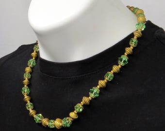 1950’s Beaded 19” Necklace Vintage Green glass and Gold-tone Beads Acorns Box Clasp