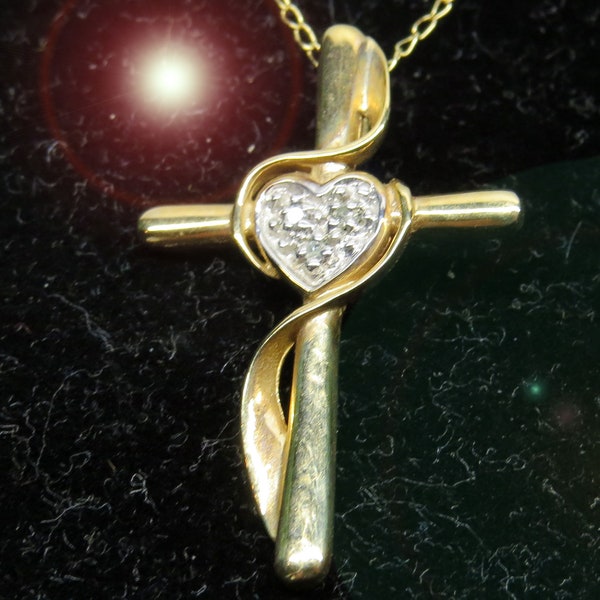 Vintage 10K Yellow Gold Cross with Diamonds in Heart Shape on 14k chain