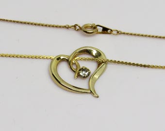 70’s Open Heart Pendant Necklace, Gold Tone with Diamante Rhinestone on Serpentine Chain