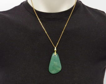 60’s Natural Green Aventurine Pendent on Gold-tone Chain and Bail, Vintage Minimalist