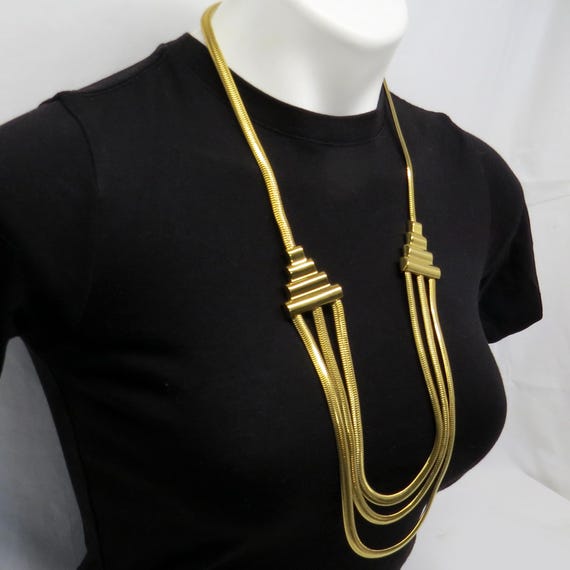 1980’s Snake Chain Multi-Strand Art Deco Necklace… - image 9