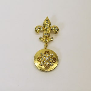 Vintage Fleur De Lis Secret Hidden Locket Gold-tone with Rhinestones and faux pearl Brooch/Pin