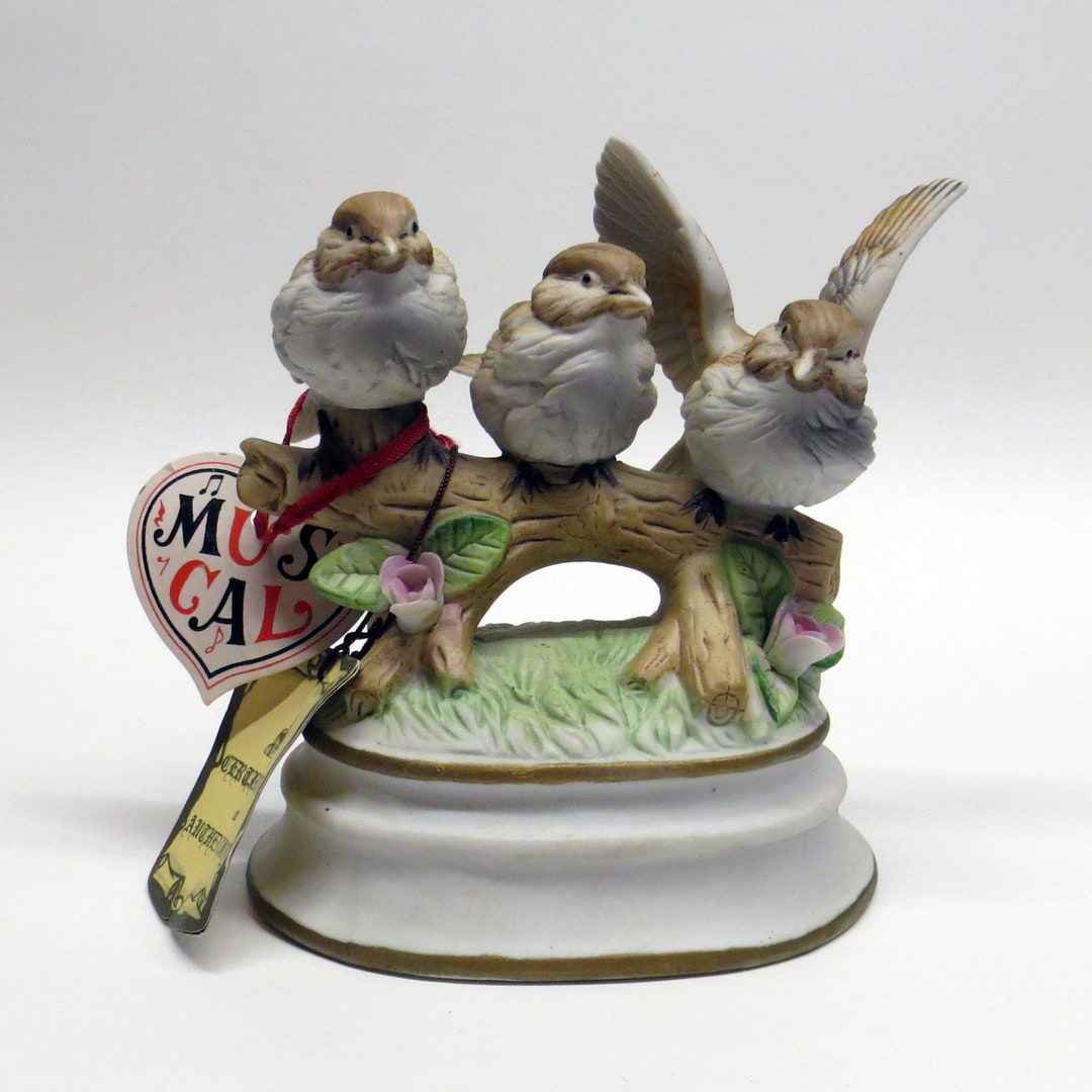 1980s Porcelain Musical Figurine of 3 Birds on a Branch by Royal Crown/ Arnart Imports Windup