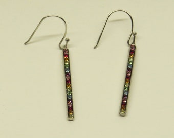 Vintage Rectangular Drop Earrings: Multicolor Crystals set in Silver coated brass