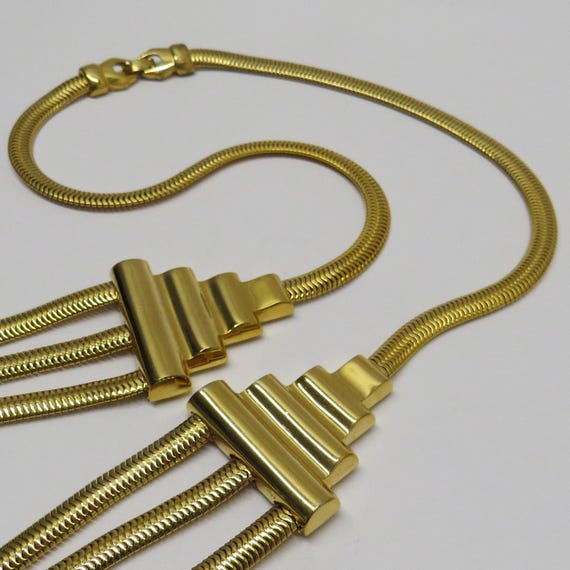 1980’s Snake Chain Multi-Strand Art Deco Necklace… - image 11