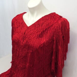 May include: A vibrant red dress with a V-neckline and long sleeves. The dress is covered in layers of fringe, creating a textured and dynamic look. The fringe cascades down the front and sleeves, adding movement and visual interest to the garment.