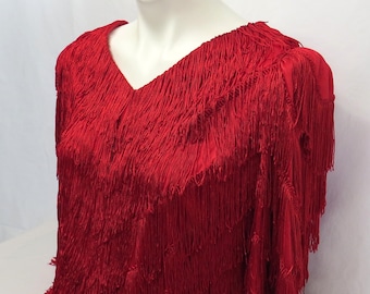 80s Red Fringe Dress, Size 14 Layered Flapper, Gatsby, 20’s Style by Nightworks