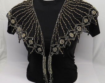 Spectacular Black and Gold Beaded Rhinestone Shawl Capelet Vintage 1980’s