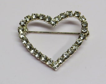 1960’s Silver Plated Heart Brooch Love Lapel Pin with 28 Sparkling Clear Rhinestones