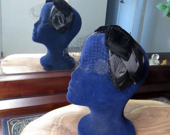 50’s Black Headband Bow Hat Fascinator with Birdcage Veil Vintage Cocktail Attire