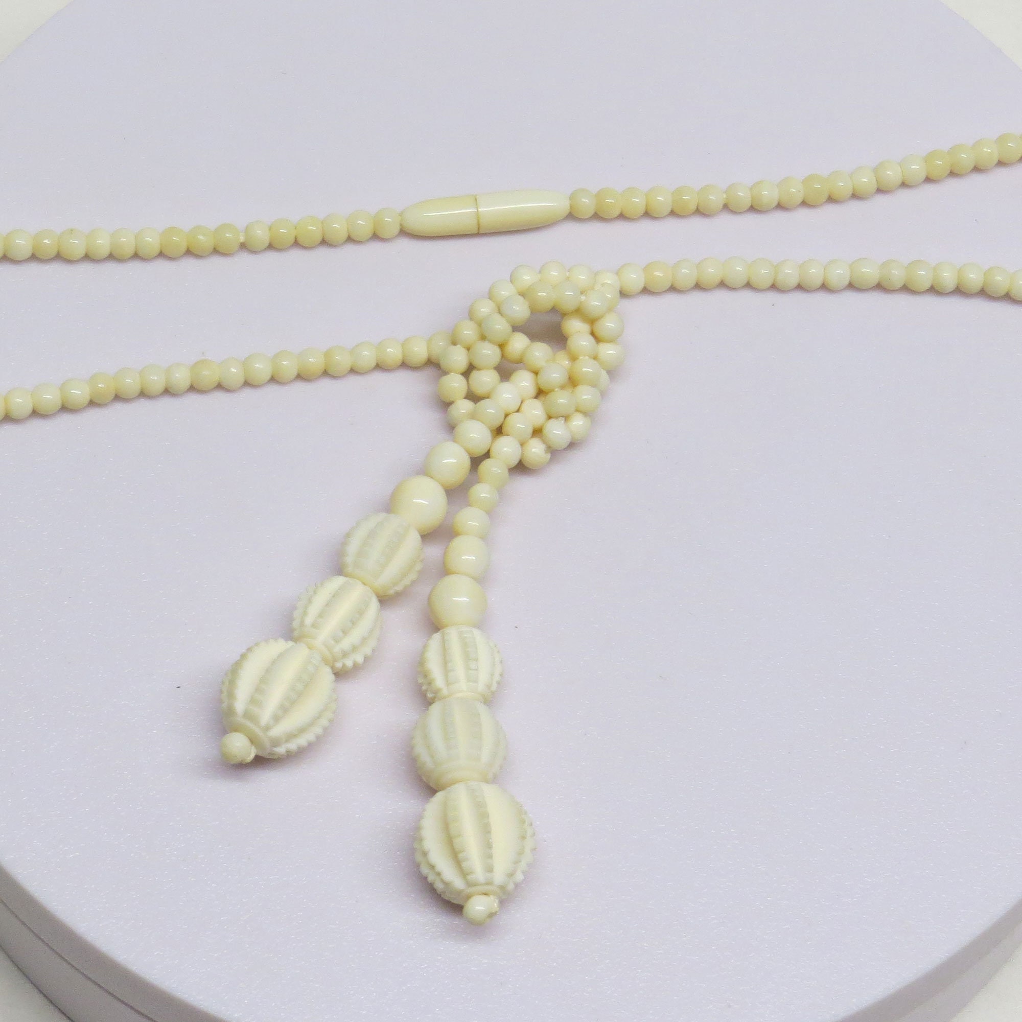 Vintage French Ivory Necklace Carved -tassel Beads Single Strand 