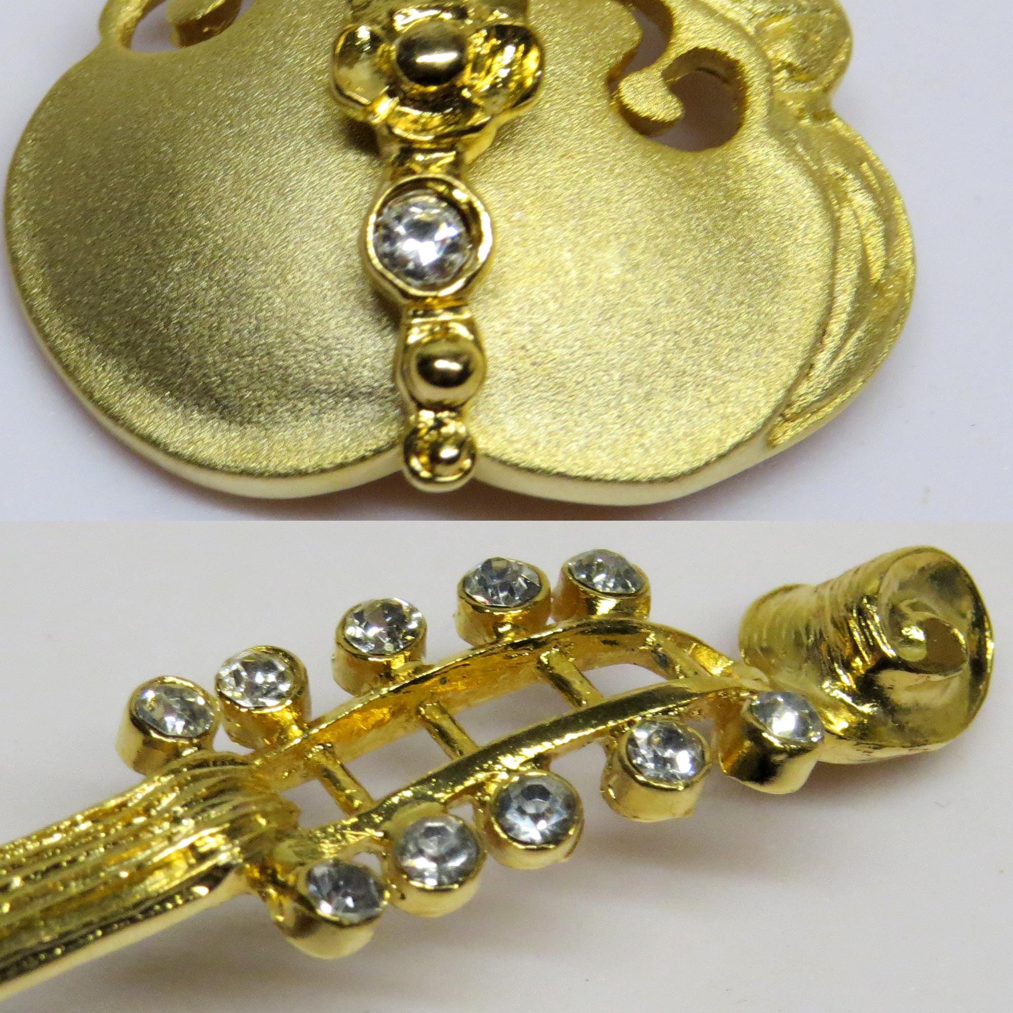Broche Vintage Violoncelle Or Et Strass - Bijou Musical Occasion En Bon état