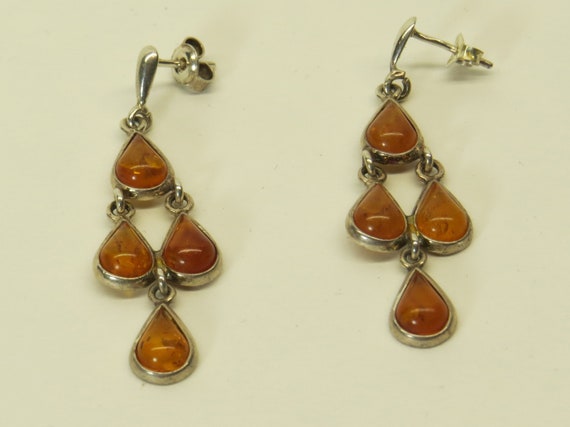 Vintage Amber Teardrop Dangles Earrings in 925 St… - image 1