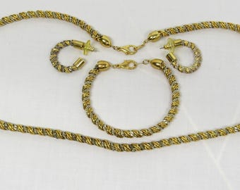 80’s Twisted Rope Jewelry Set with Necklace, Bracelet and Hoop Earrings Vintage Gold-Silver Tone Signed Korea